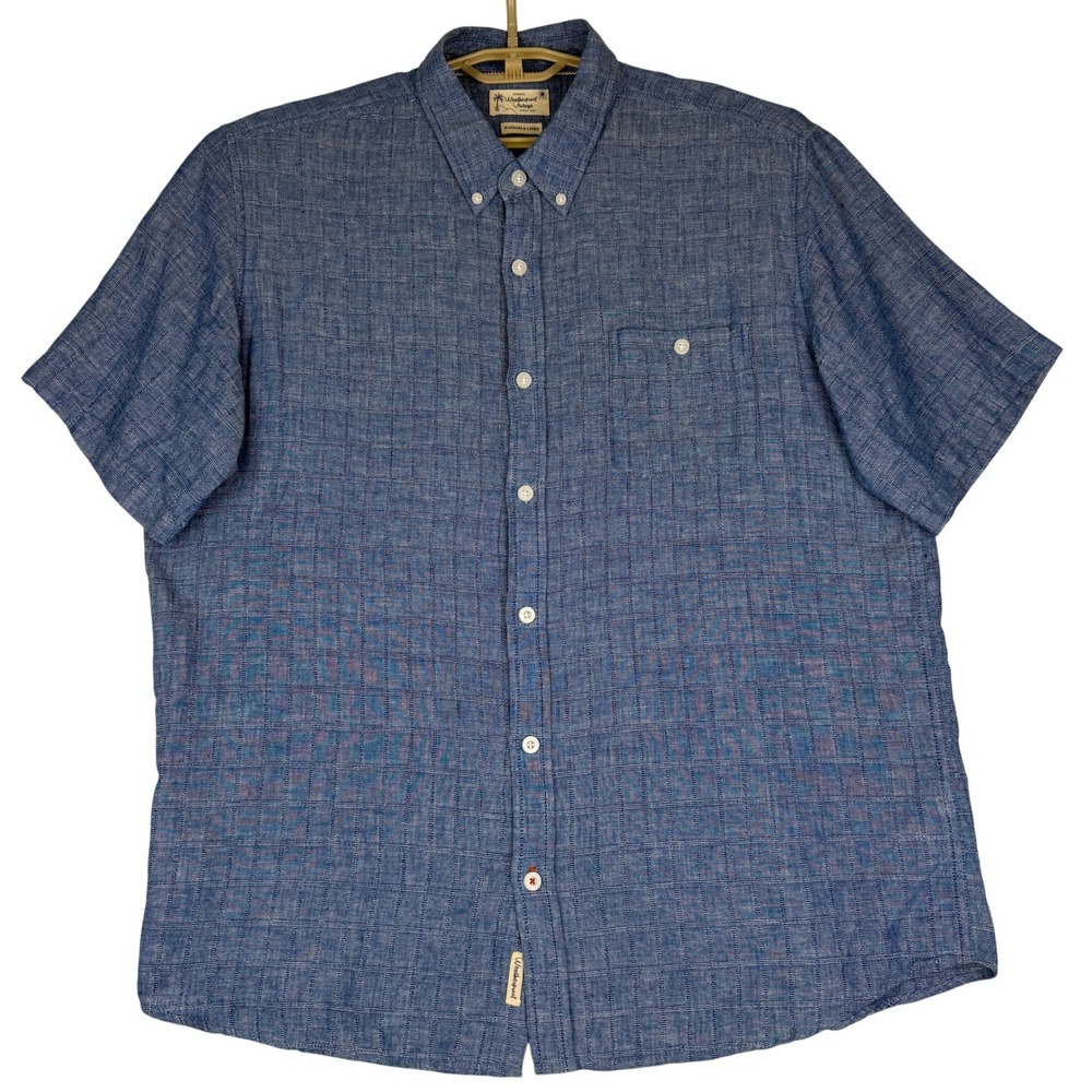 Weatherproof Vintage Shirt Mens Linen Cotton Blue Plaid Short Sleeve Button Down